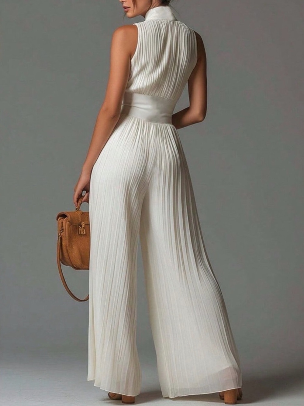 Milky Elegant Women's Palazzo
Jumpsuit High Neck Pleated Wide
Leg - Picture 2 of 4